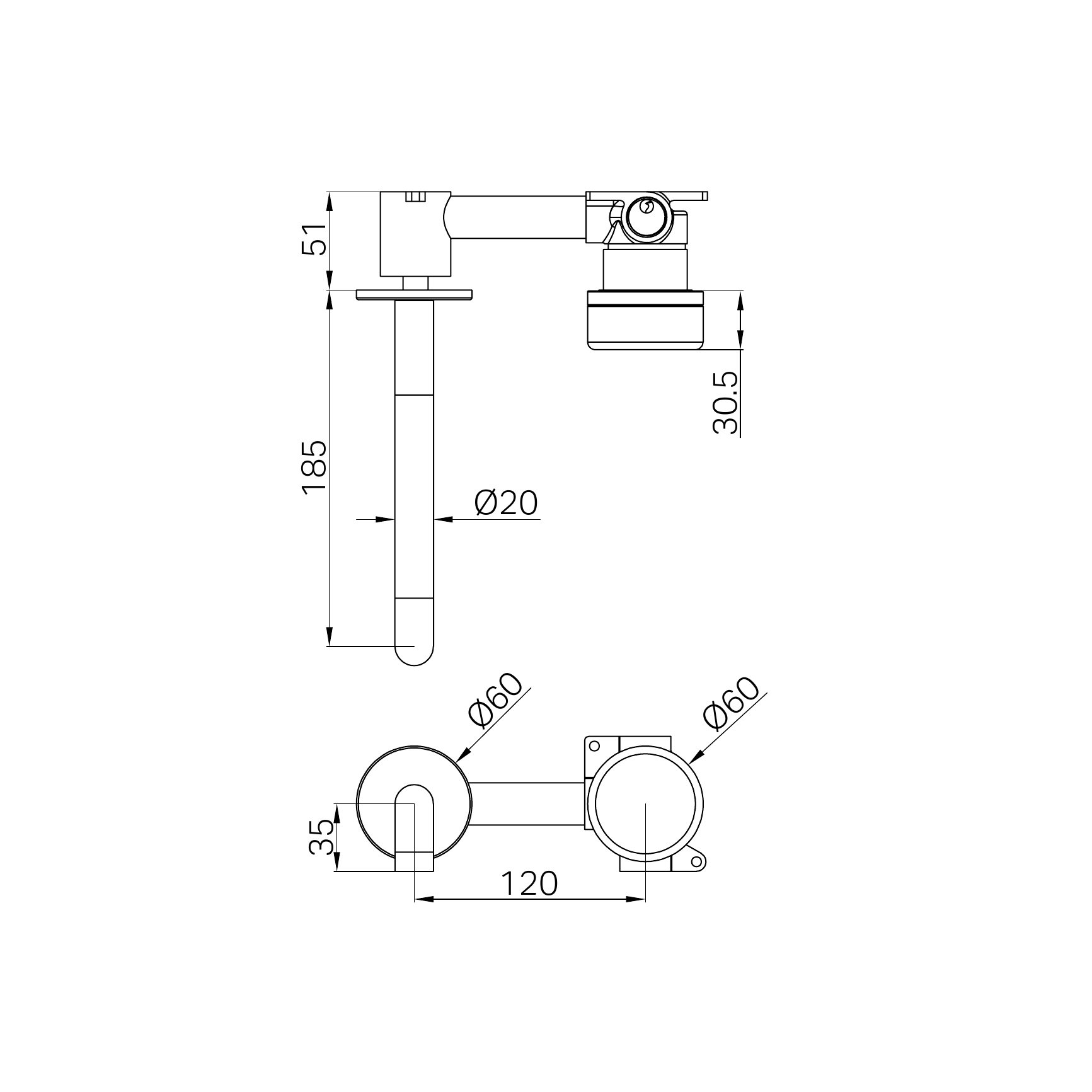 NERO SERENITY PROGRESSIVE WALL BASIN MIXER SPOUT WITH CARRARA HANDLE CHROME (AVAILABLE IN 160MM, 185MM AND 220MM)