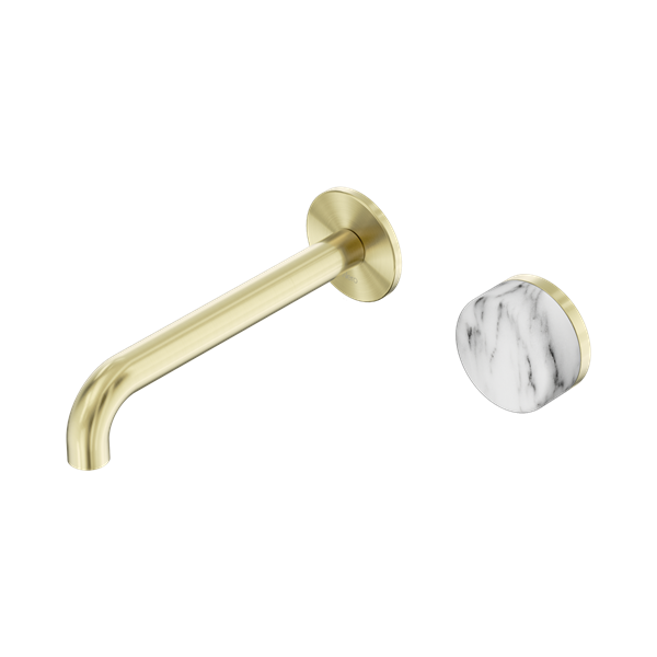 NERO SERENITY PROGRESSIVE WALL BASIN MIXER SPOUT WITH ARABESCATO CORCHIA HANDLE BRUSHED GOLD (AVAILABLE IN 160MM, 185MM AND 220MM)