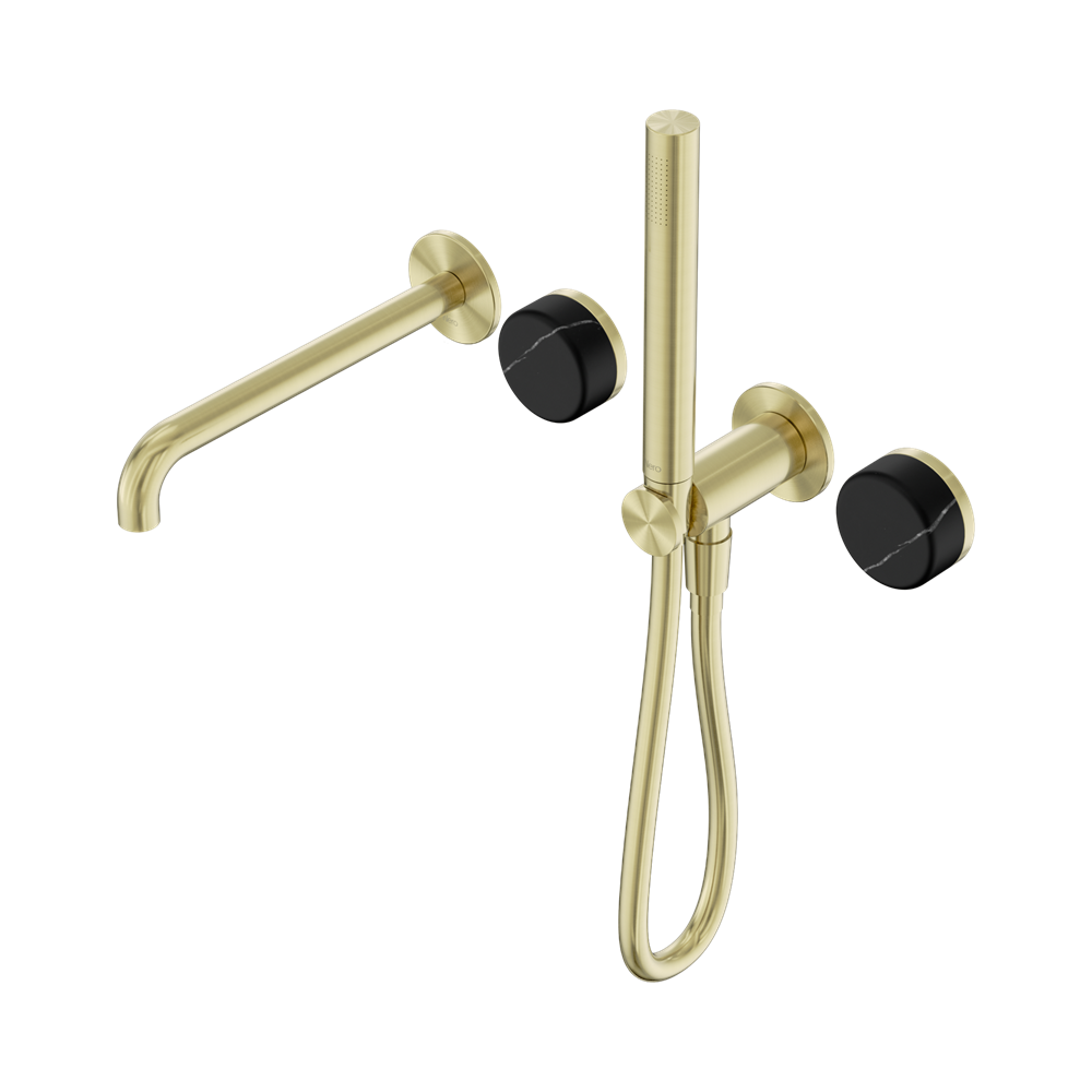 NERO SERENITY PROGRESSIVE SHOWER SYSTEM WITH SPOUT WITH MARQUINA BLACK HANDLE AND SLIM SHOWER BRUSHED GOLD