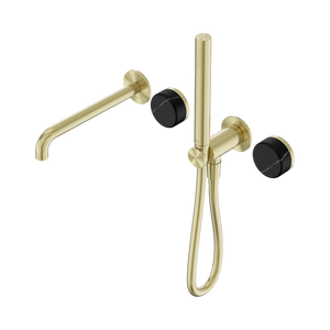 NERO SERENITY PROGRESSIVE SHOWER SYSTEM WITH SPOUT WITH MARQUINA BLACK HANDLE AND SLIM SHOWER 220MM BRUSHED GOLD