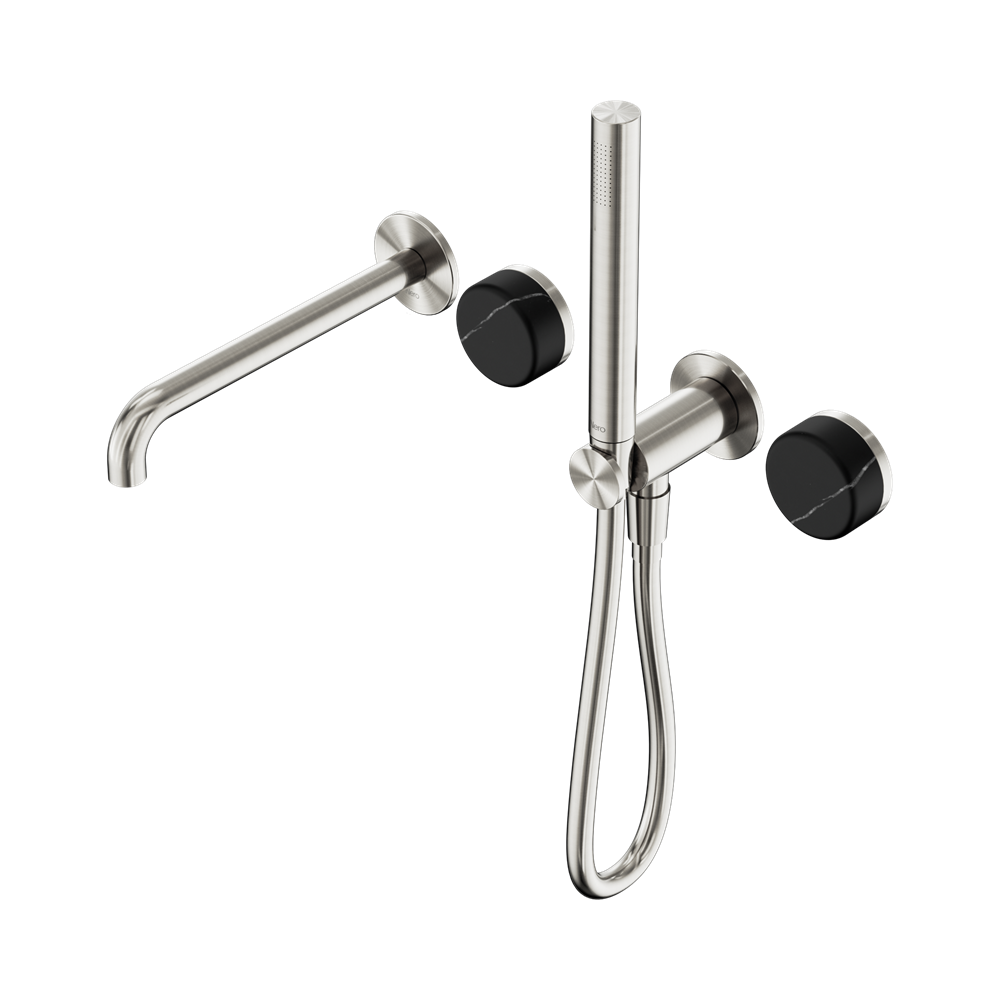 NERO SERENITY PROGRESSIVE SHOWER SYSTEM WITH SPOUT WITH MARQUINA BLACK HANDLE AND SLIM SHOWER BRUSHED NICKEL