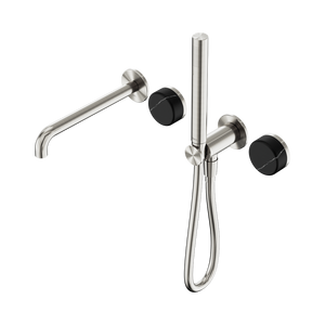 NERO SERENITY PROGRESSIVE SHOWER SYSTEM WITH SPOUT WITH MARQUINA BLACK HANDLE AND SLIM SHOWER 220MM BRUSHED NICKEL