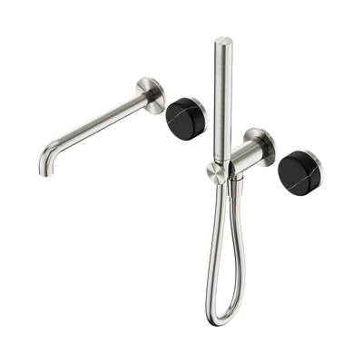 NERO SERENITY PROGRESSIVE SHOWER SYSTEM WITH SPOUT WITH MARQUINA BLACK HANDLE AND SLIM SHOWER 220MM BRUSHED NICKEL