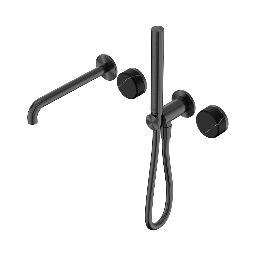 NERO SERENITY PROGRESSIVE SHOWER SYSTEM WITH SPOUT WITH MARQUINA BLACK HANDLE AND SLIM SHOWER GUN METAL