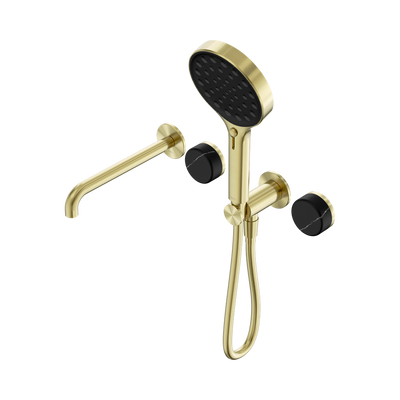 NERO SERENITY PROGRESSIVE SHOWER SYSTEM WITH SPOUT WITH MARQUINA BLACK HANDLE AND SERENITY HAND SHOWER BRUSHED GOLD