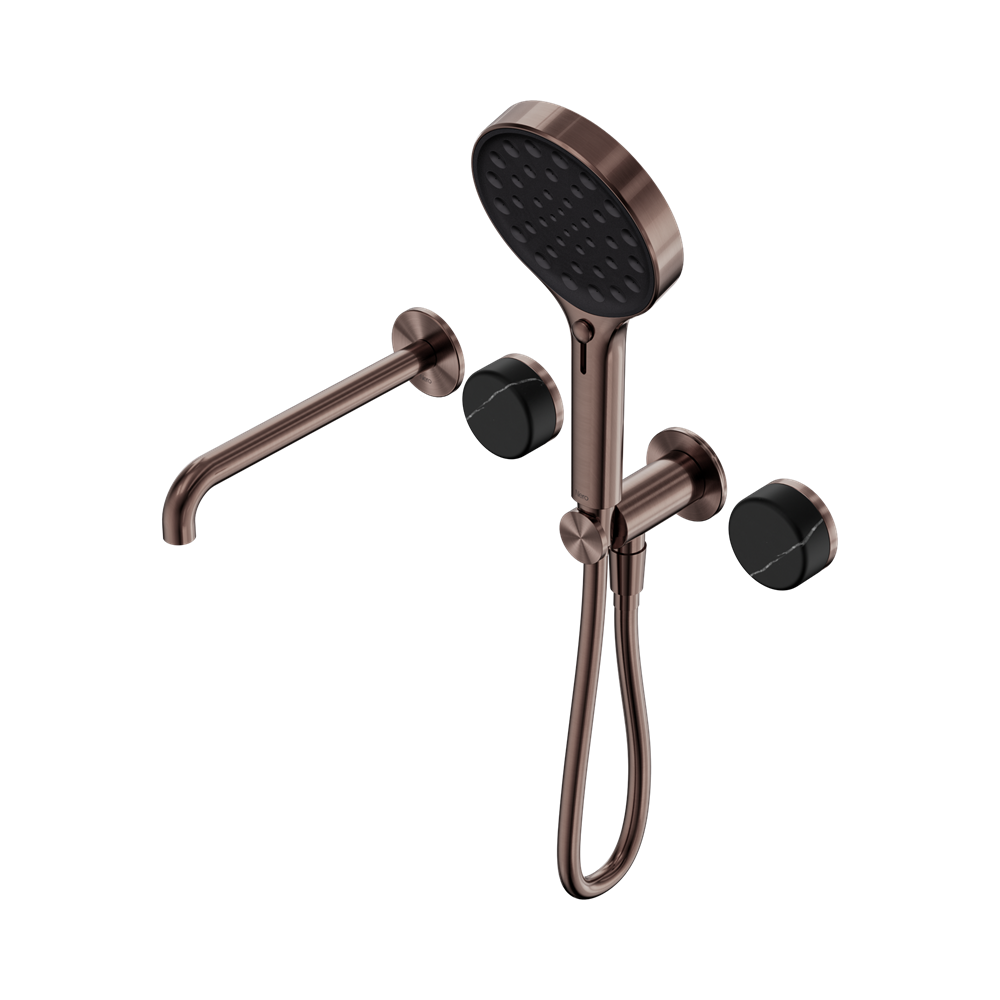 NERO SERENITY PROGRESSIVE SHOWER SYSTEM WITH SPOUT WITH MARQUINA BLACK HANDLE AND SERENITY HAND SHOWER BRUSHED BRONZE