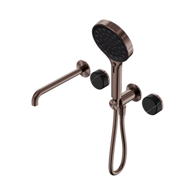 NERO SERENITY PROGRESSIVE SHOWER SYSTEM WITH SPOUT WITH MARQUINA BLACK HANDLE AND SERENITY HAND SHOWER BRUSHED BRONZE