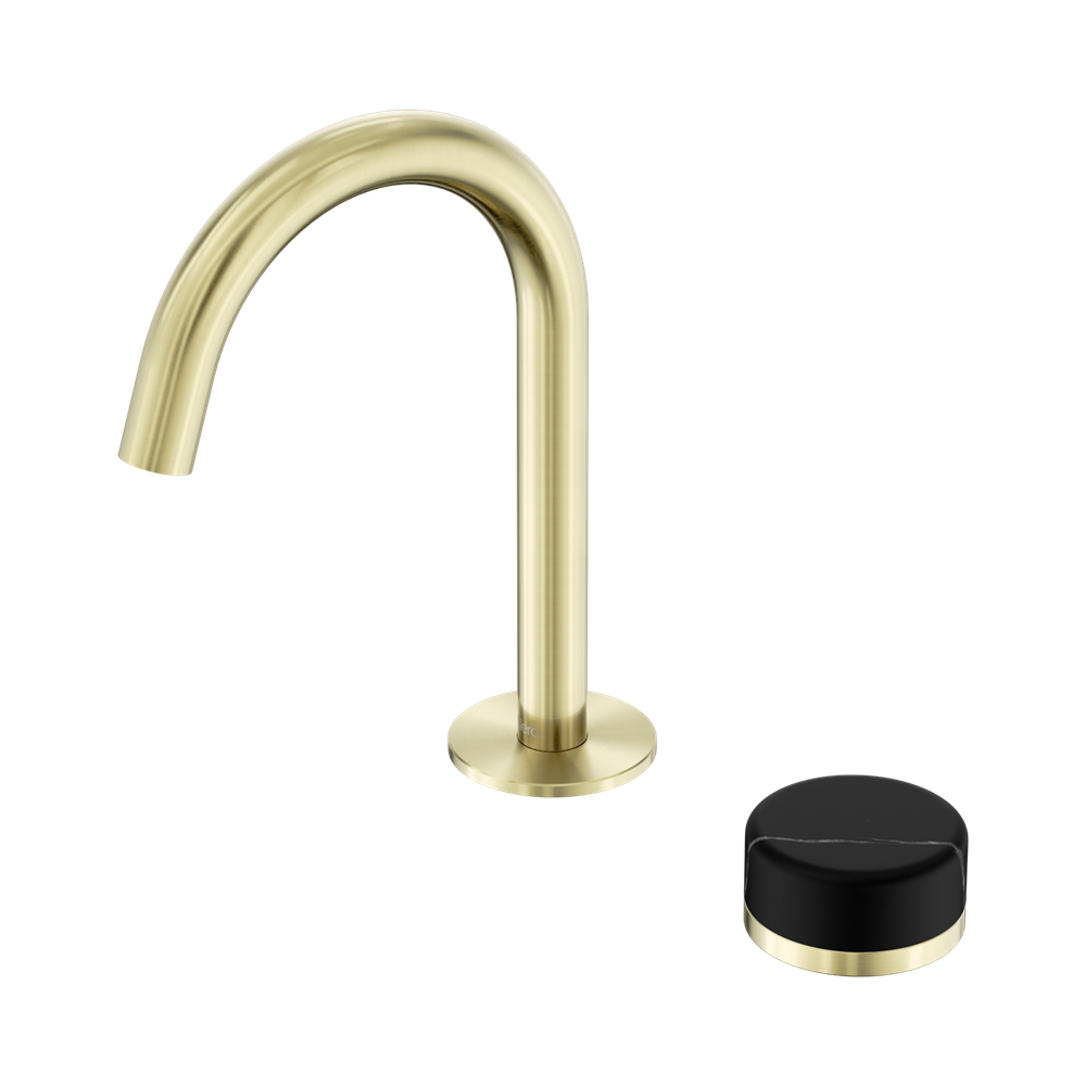 NERO SERENITY PROGRESSIVE BASIN MIXER ARC SPOUT WITH MARQUINA BLACK HANDLE 210MM BRUSHED GOLD