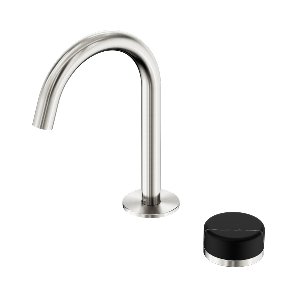 NERO SERENITY PROGRESSIVE BASIN MIXER ARC SPOUT WITH MARQUINA BLACK HANDLE 210MM BRUSHED NICKEL