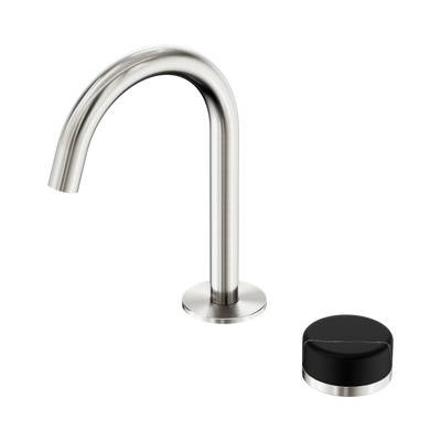 NERO SERENITY PROGRESSIVE BASIN MIXER ARC SPOUT WITH MARQUINA BLACK HANDLE 210MM BRUSHED NICKEL