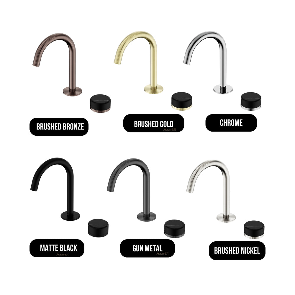 NERO SERENITY PROGRESSIVE BASIN MIXER ARC SPOUT WITH MARQUINA BLACK HANDLE 210MM BRUSHED BRONZE