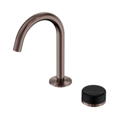 NERO SERENITY PROGRESSIVE BASIN MIXER ARC SPOUT WITH MARQUINA BLACK HANDLE 210MM BRUSHED BRONZE