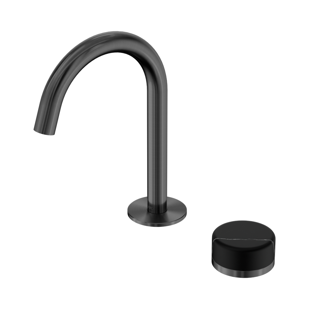 NERO SERENITY PROGRESSIVE BASIN MIXER ARC SPOUT WITH MARQUINA BLACK HANDLE 210MM GUN METAL