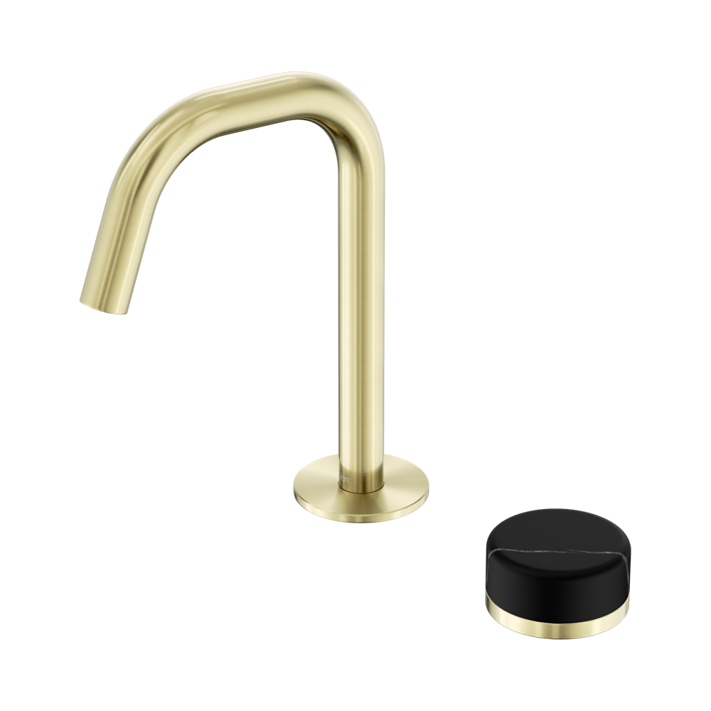 NERO SERENITY PROGRESSIVE BASIN MIXER EDGE SPOUT WITH MARQUINA BLACK HANDLE 210MM BRUSHED GOLD