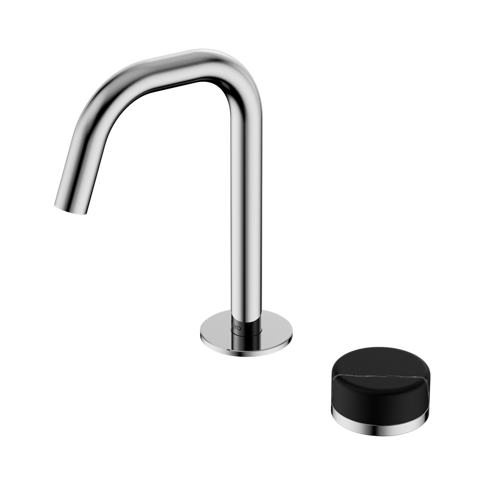 NERO SERENITY PROGRESSIVE BASIN MIXER EDGE SPOUT WITH MARQUINA BLACK HANDLE 210MM CHROME