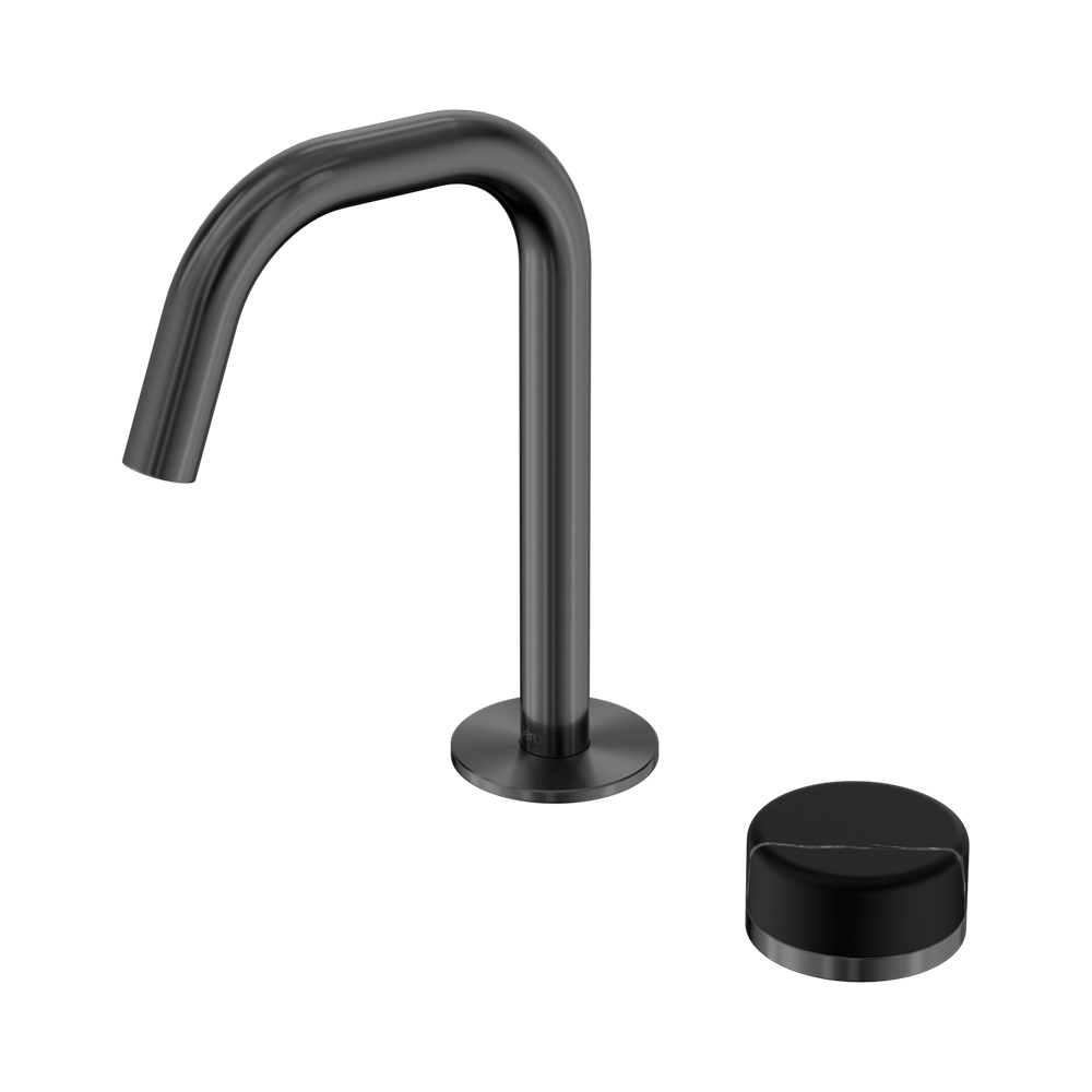 NERO SERENITY PROGRESSIVE BASIN MIXER EDGE SPOUT WITH MARQUINA BLACK HANDLE 210MM GUN METAL