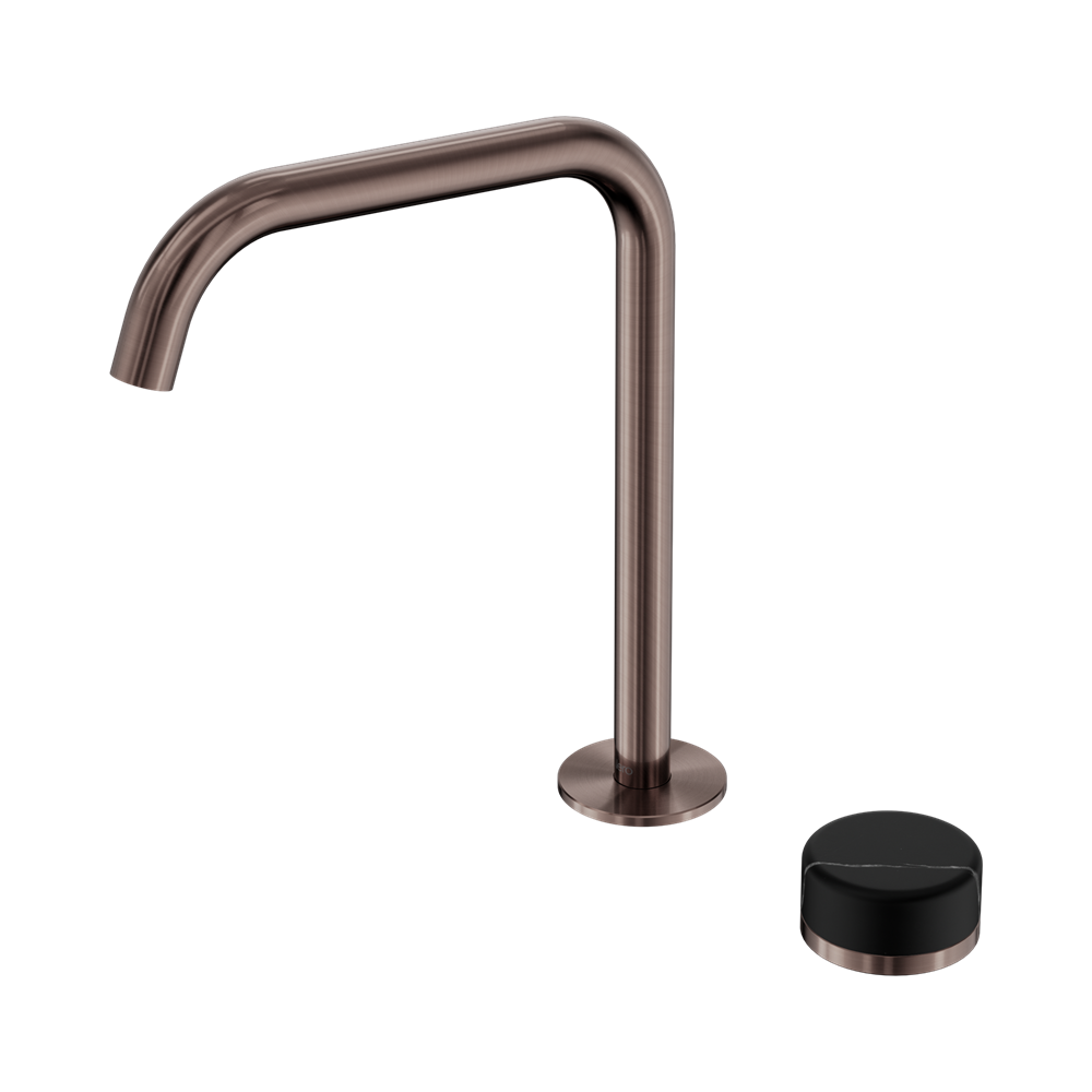 NERO SERENITY PROGRESSIVE BATH/KITCHEN MIXER EDGE SPOUT WITH MARQUINA BLACK HANDLE 270MM BRUSHED BRONZE