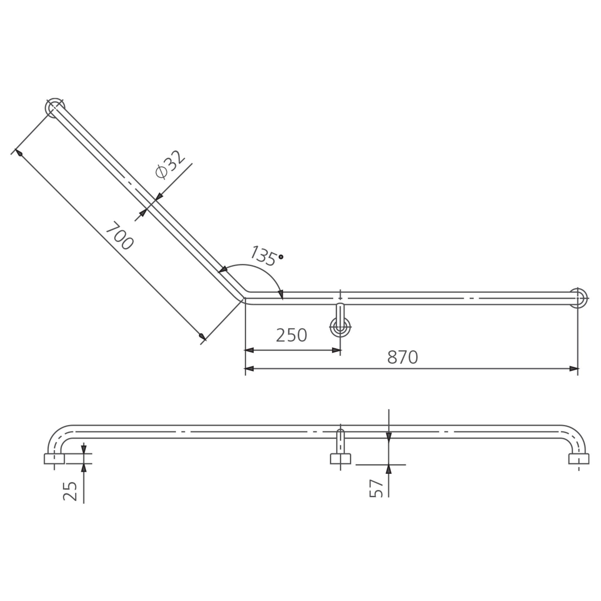 OLIVERI HOLDFAST 135 DEGREE GRAB RAIL 870MM STAINLESS STEEL (AVAILABLE IN LEFT AND RIGHT HAND RAIL)