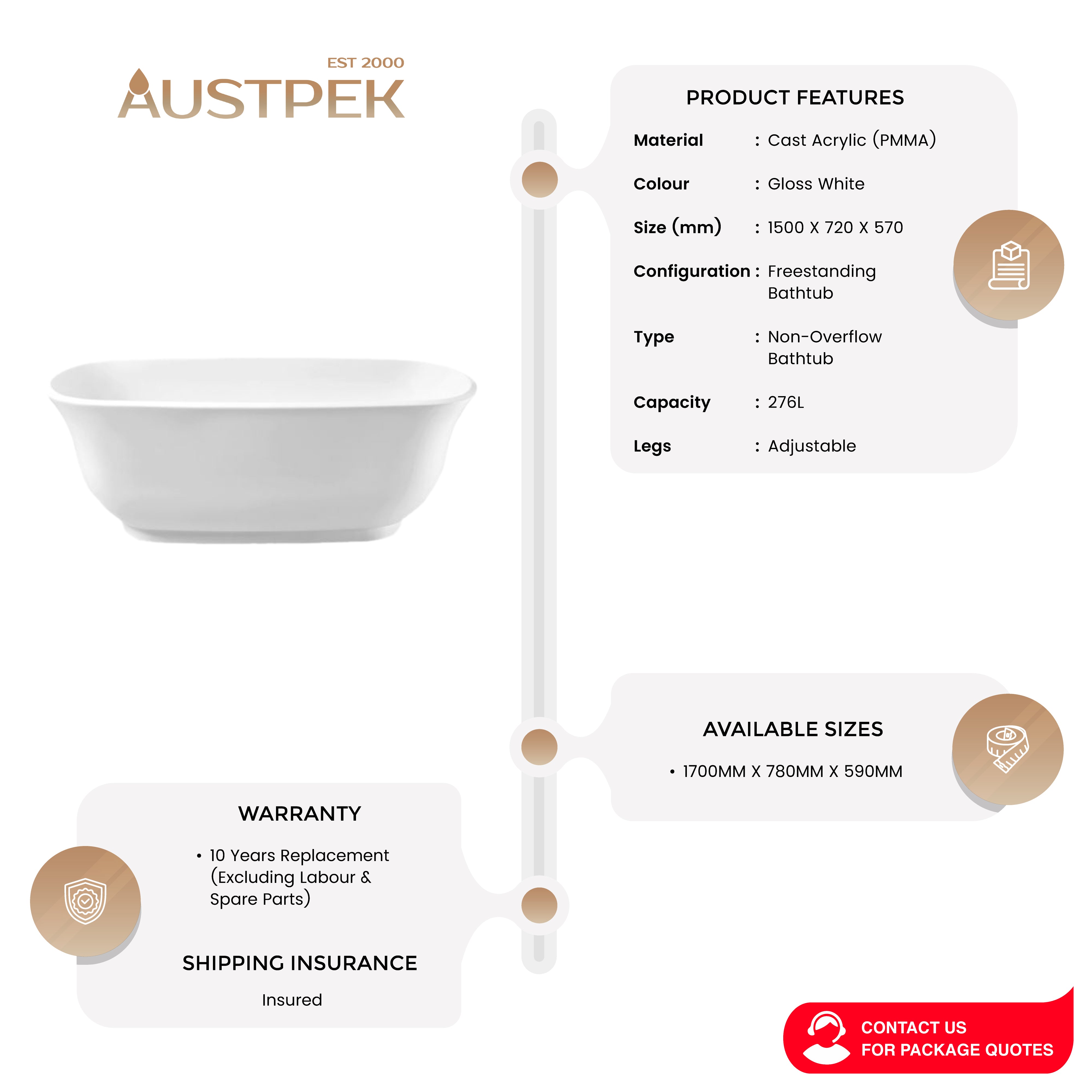 BEL BAGNO BADEN FREESTANDING BATHTUB GLOSS WHITE (AVAILABLE IN 1500MM AND 1700MM)