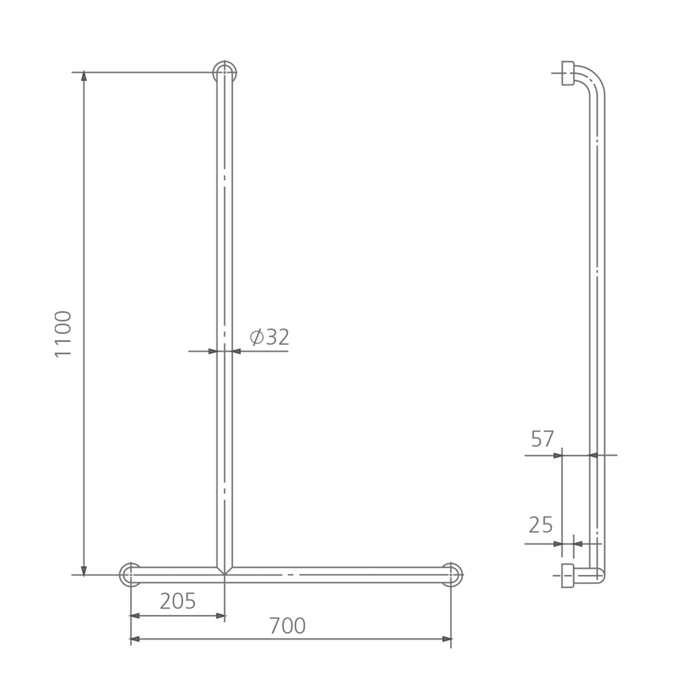 OLIVERI HOLDFAST INVERTED T SHOWER GRAB RAIL STAINLESS STEEL 1100MM (AVAILABLE IN LEFT AND RIGHT HAND RAIL)