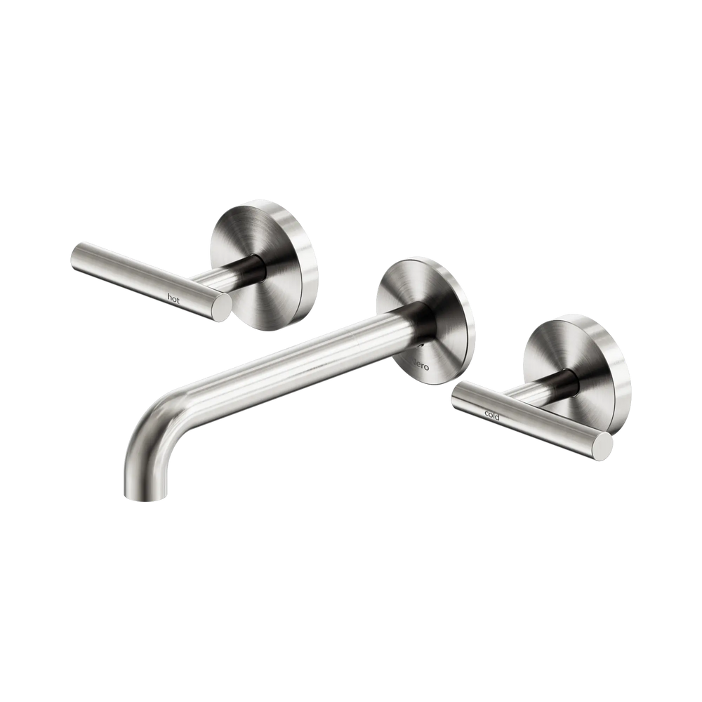 NERO MECCA LEVER WALL BASIN/BATH SET 185MM SPOUT BRUSHED NICKEL