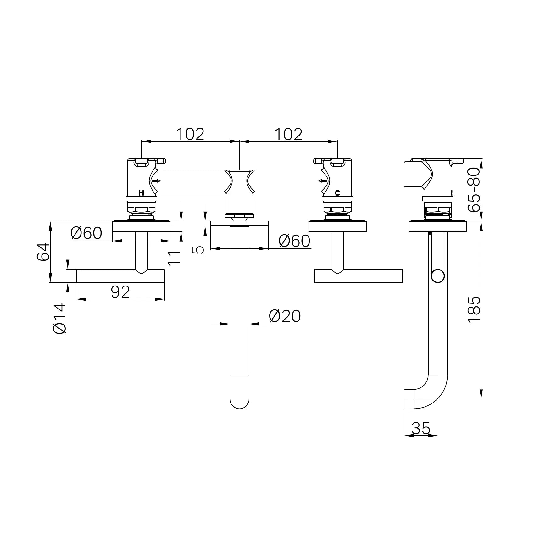 NERO MECCA LEVER WALL BASIN/BATH SET 185MM SPOUT MATTE WHITE