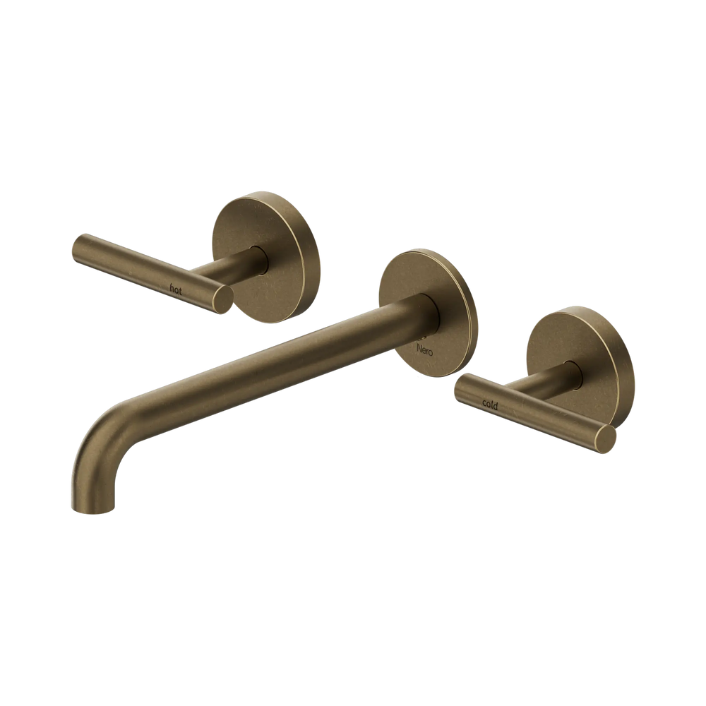 NERO MECCA LEVER WALL BASIN/BATH SET 220MM SPOUT TUMBLED ANTIQUE BRASS