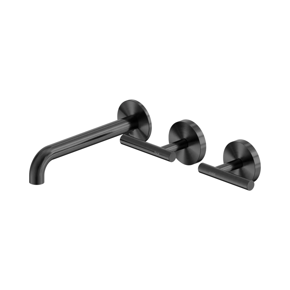 NERO MECCA LEVER WALL BASIN/BATH SET 185MM OFFSET SPOUT GUN METAL