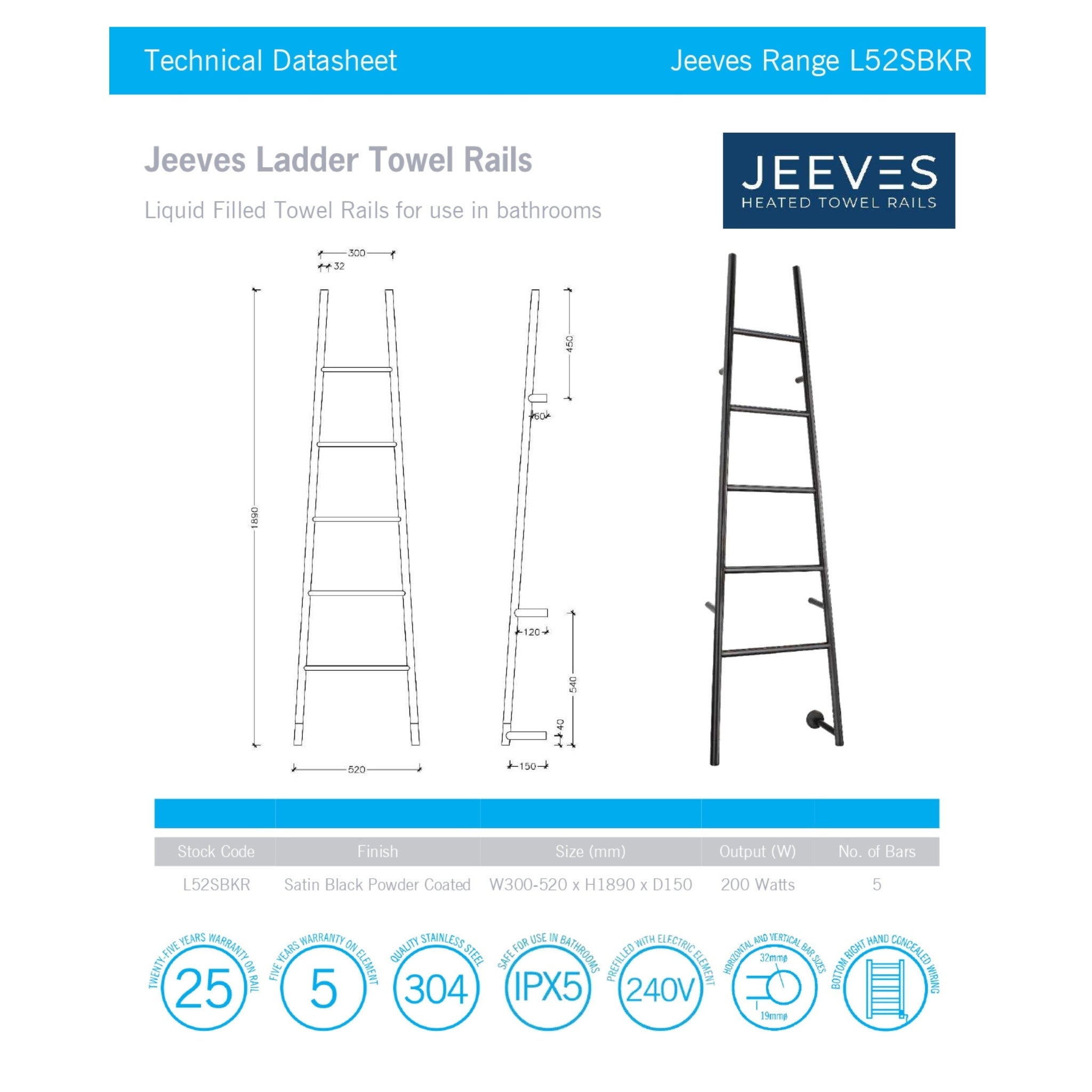THERMOGROUP JEEVES TANGENT L HEATED TOWEL RAIL-SATIN BLACK 1890MM