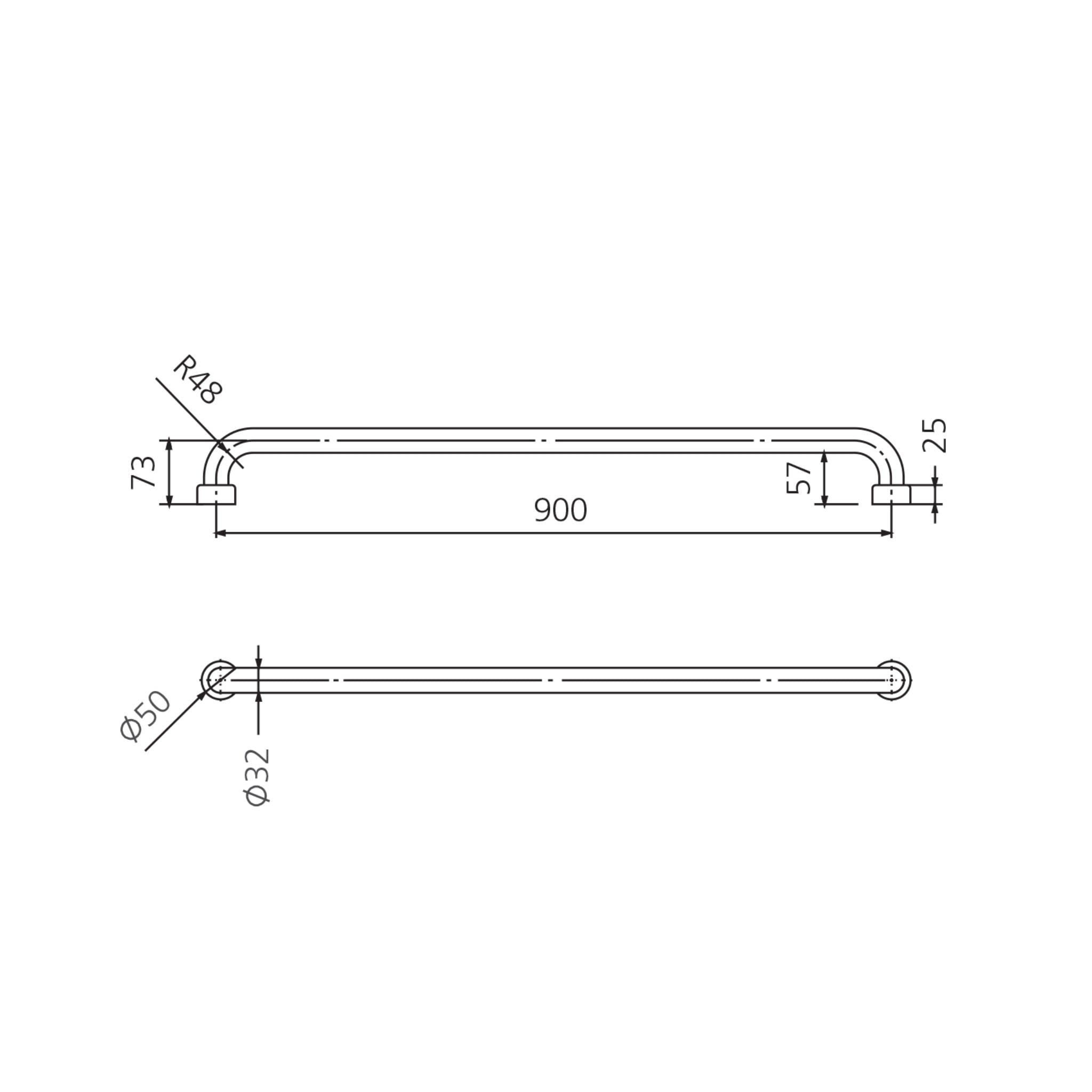 OLIVERI HOLDFAST STRAIGHT GRAB RAIL STAINLESS STEEL (AVAILABLE IN 300MM, 600MM AND 900MM)