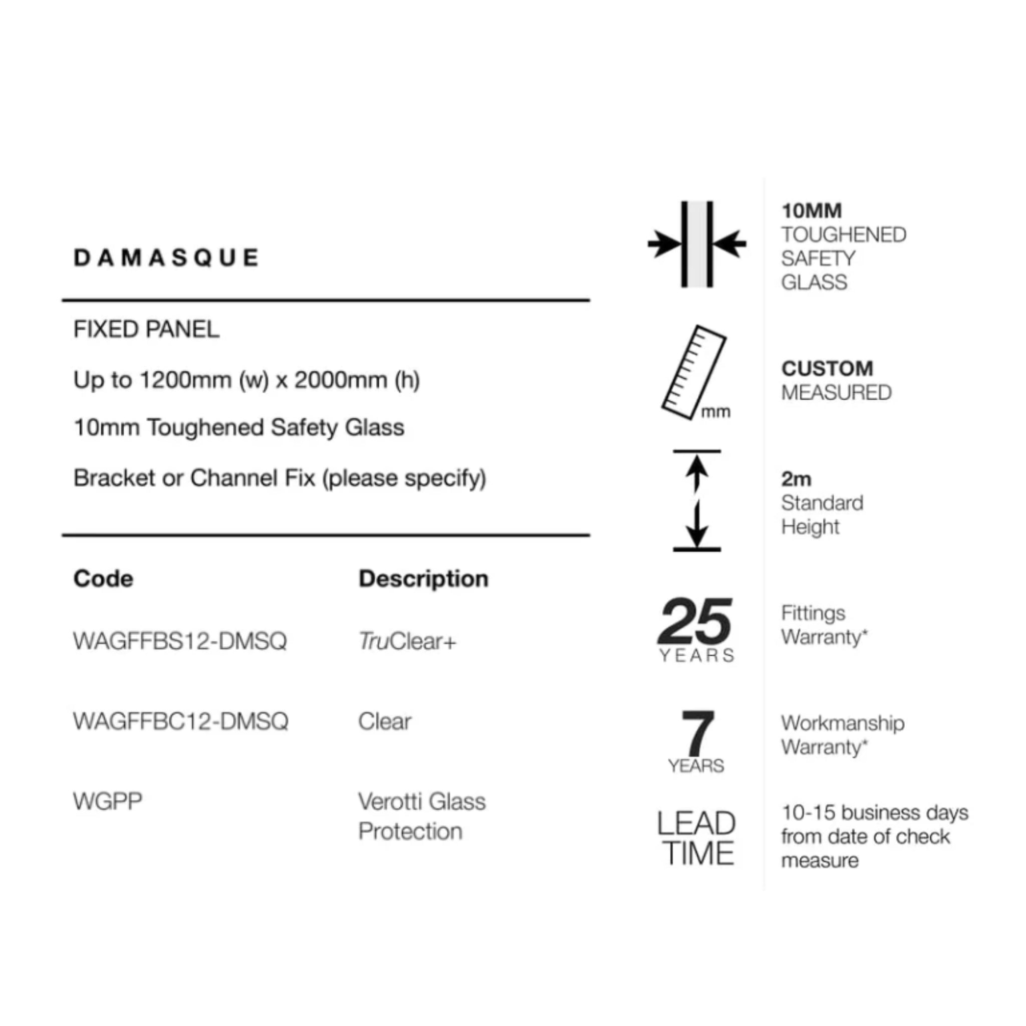 VEROTTI DAMASQUE FRAMELESS SHOWER SCREEN WITH DIGITAL PRINT GLASS 1200X2000MM