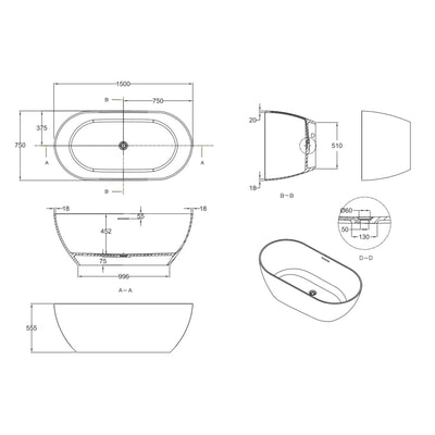 GARETH ASHTON FORMOSO FREESTANDING BATHTUB MATTE WHITE (AVAILABLE IN 1500MM AND 1690MM)