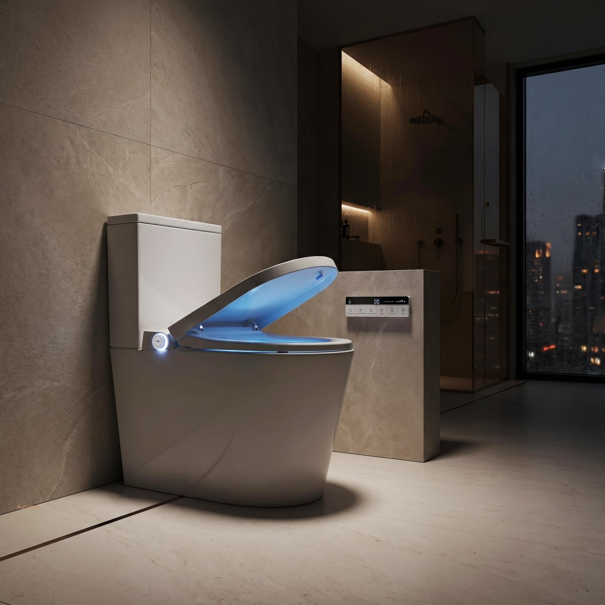 KB MODENA RIMLESS BACK TO WALL SMART TOILET W/ AUTOLID & REMOTE CONTROLLED BIDET D-SHAPE GLOSS WHITE