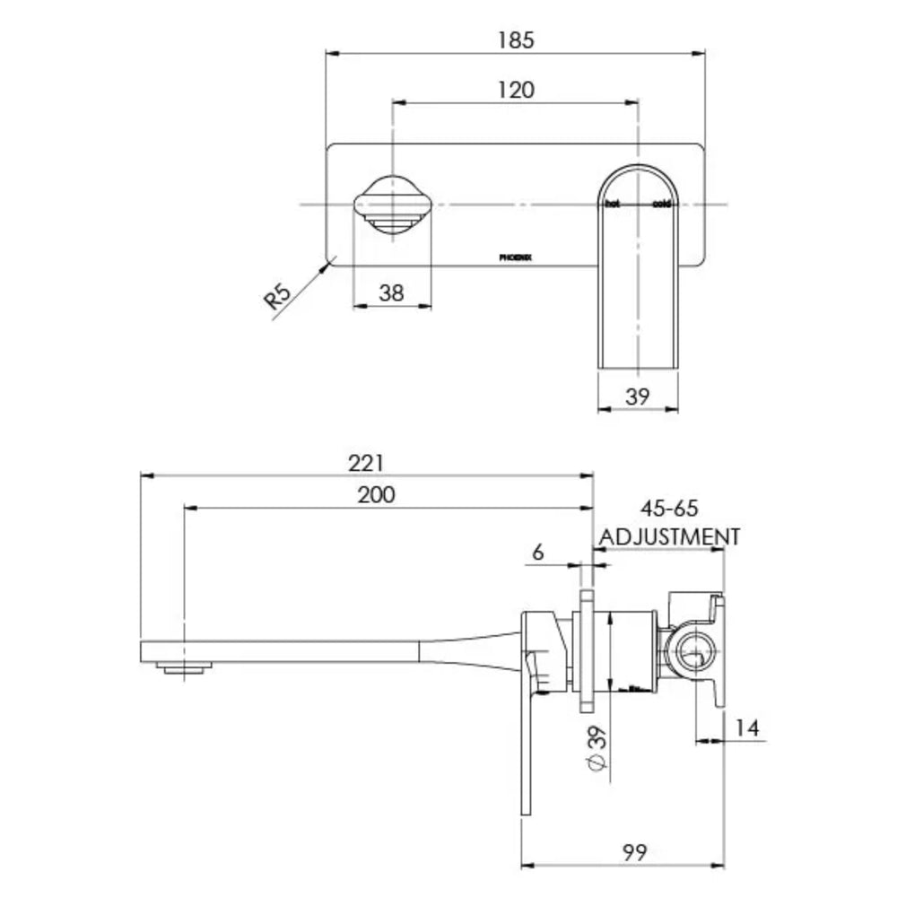 PHOENIX TEEL SWITCHMIX LEAD FREE WALL BASIN AND BATH MIXER SET 200MM BRUSHED NICKEL