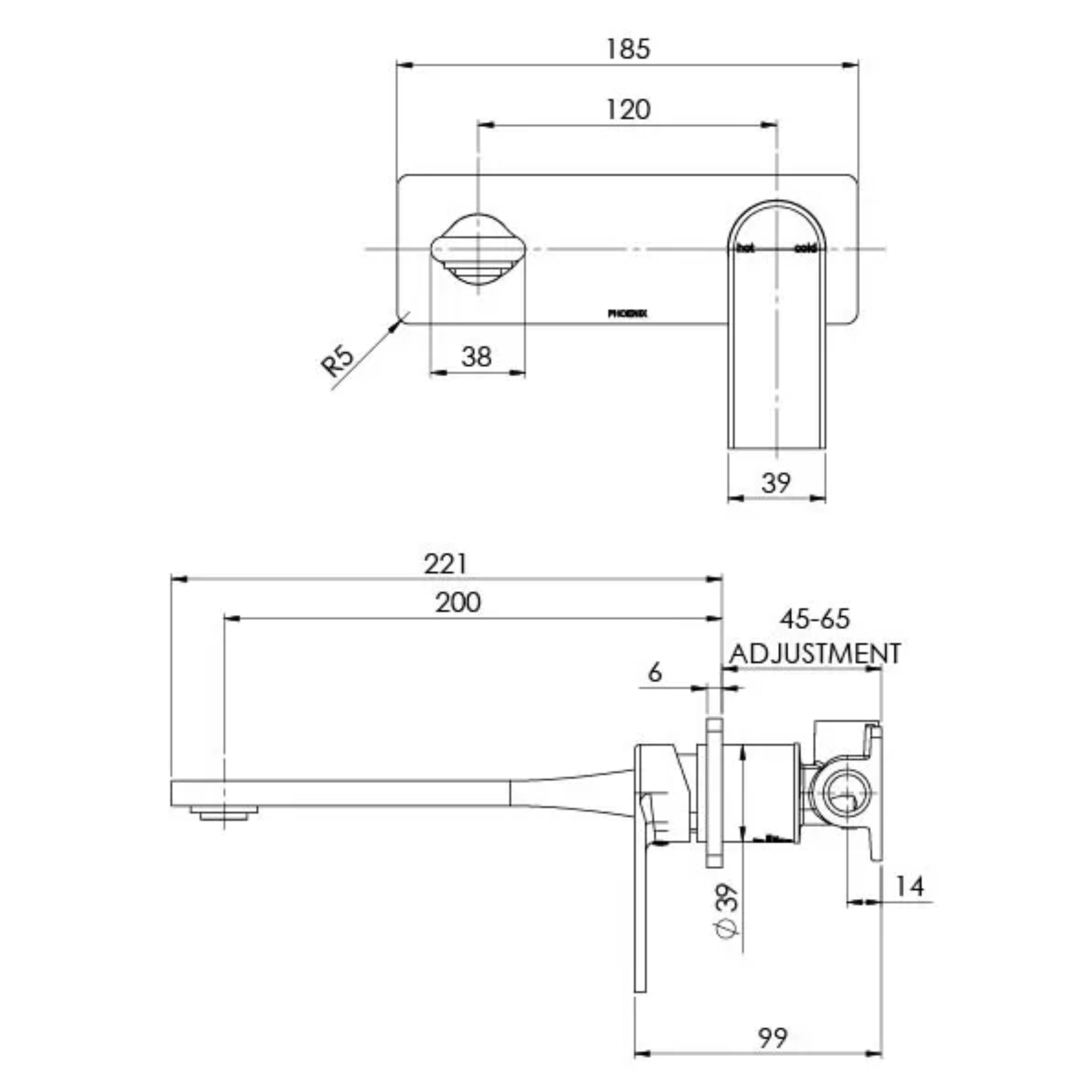 PHOENIX TEEL SWITCHMIX WALL BASIN AND BATH MIXER SET 200MM CHROME