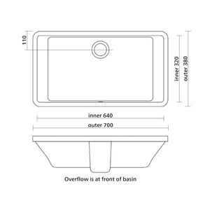 SEIMA PLATI 700 UNDER COUNTER BASIN WITH OVERFLOW GLOSS WHITE 700MM