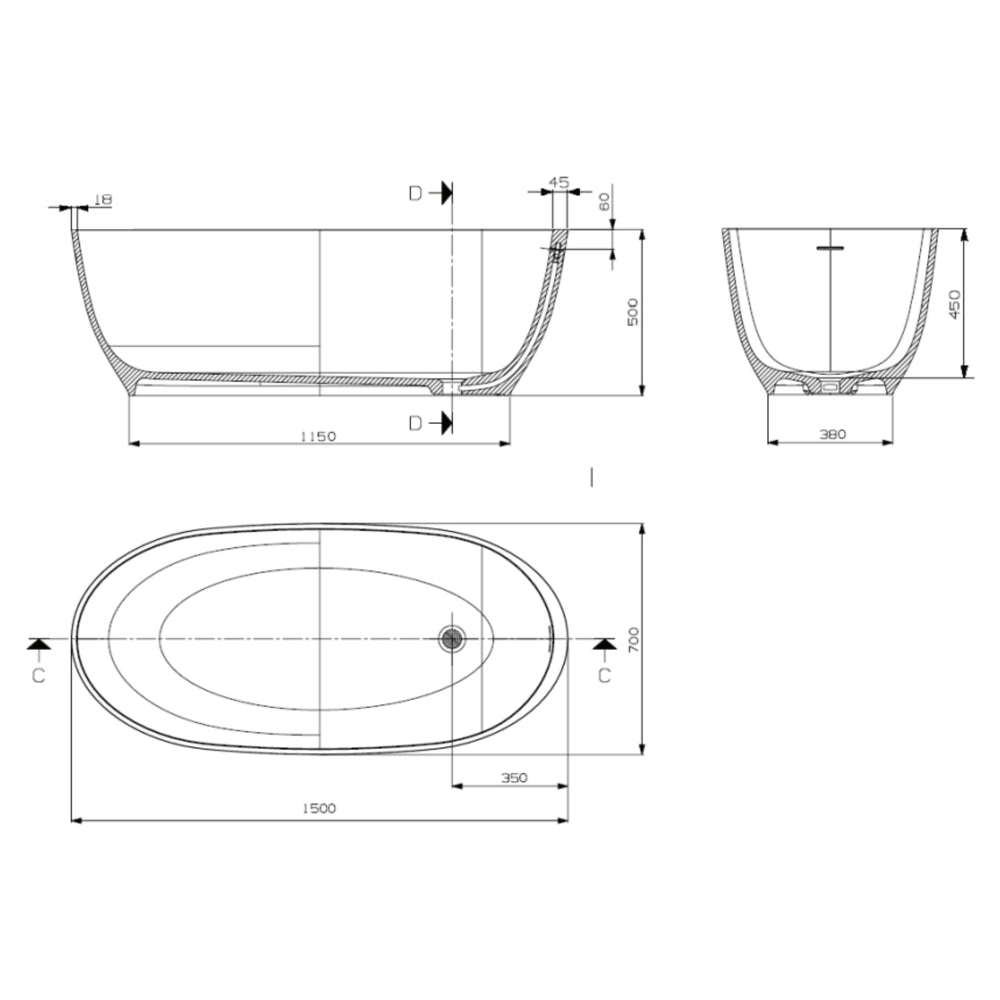 DOMUS LIVING DIANA FREESTANDING BATHTUB WITH OVERFLOW MATTE WHITE (AVAILABLE IN 1500MM AND 1700MM)