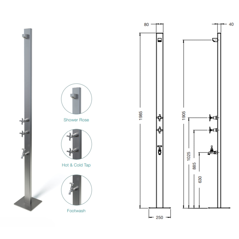 RAINWARE AUSSIE PREMIUM FREESTANDING OUTDOOR HOT AND COLD SHOWER AND COLD FOOTWASH BLACK