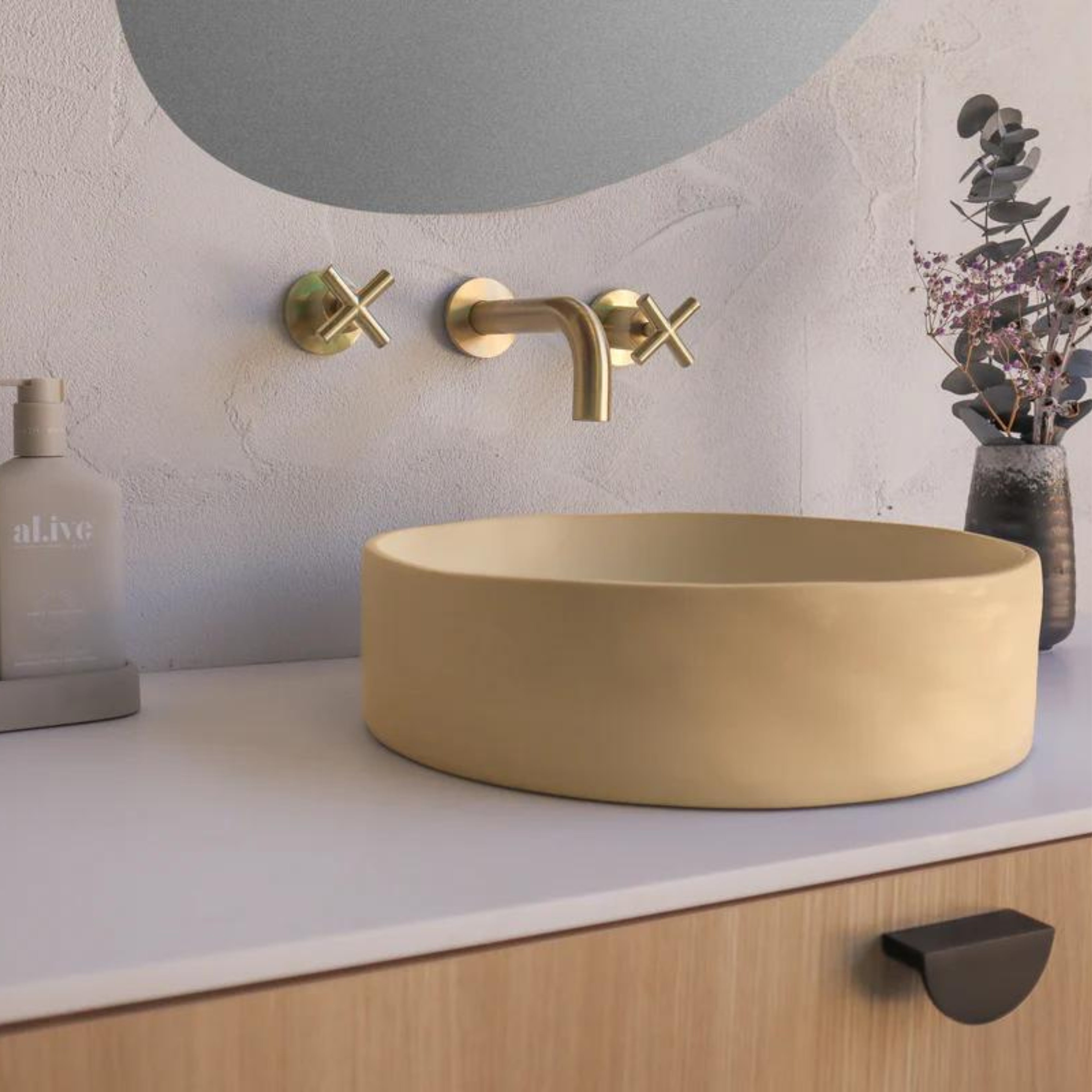 NOOD CO CONSCIOUS RANGE SLIP ABOVE COUNTER / WALL HUNG BASIN CUSTARD 380MM