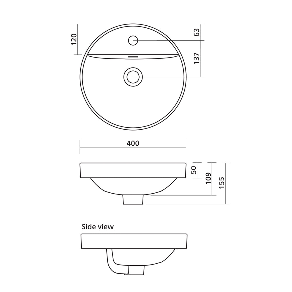 SEIMA SYROS 400 SEMI-INSET BASIN WITH OVERFLOW GLOSS WHITE 400MM