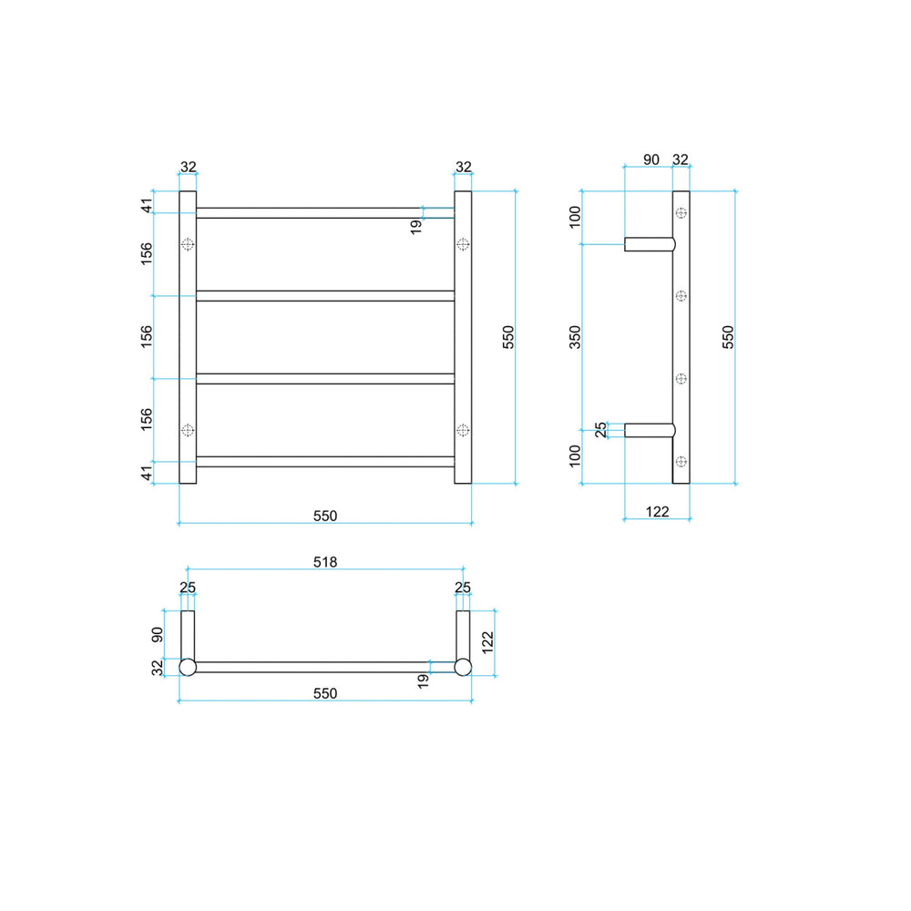 THERMOGROUP 4-BAR ROUND LADDER HEATED TOWEL RAIL BRUSHED NICKEL 550MM