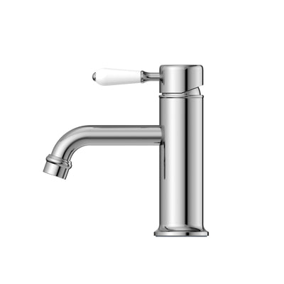 NERO YORK STRAIGHT BASIN MIXER WITH WHITE PORCELAIN LEVER 170MM CHROME