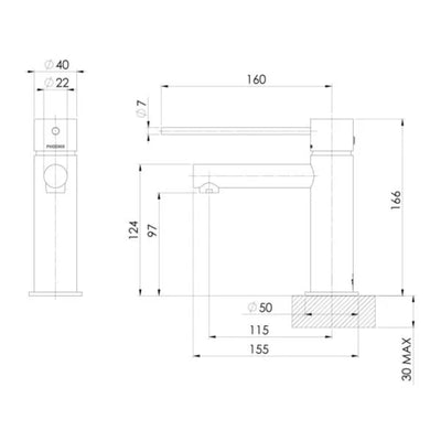PHOENIX VIVID SLIMLINE LEAD FREE BASIN MIXER WITH EXTENDED LEVER 166MM BRUSHED CARBON