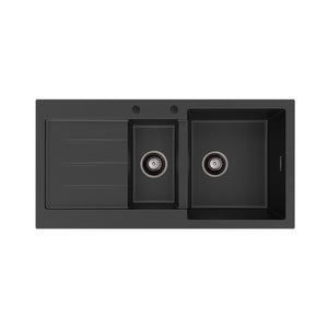 FIENZA KURO GRANITE DOUBLE BOWL KITCHEN SINK WITH DRAINER TWO TAP HOLE 1000MM