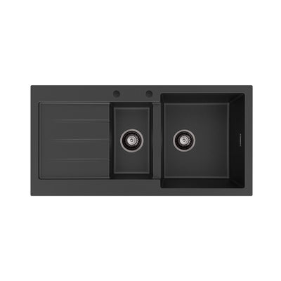 FIENZA KURO GRANITE DOUBLE BOWL KITCHEN SINK WITH DRAINER TWO TAP HOLE 1000MM