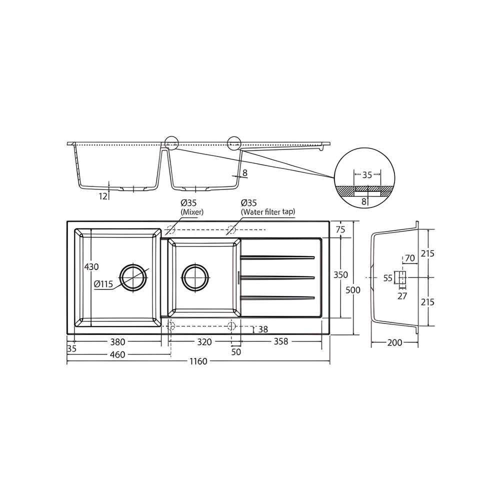 FIENZA KURO GRANITE DOUBLE BOWL KITCHEN SINK WITH DRAINER TWO TAP HOLE 1160MM