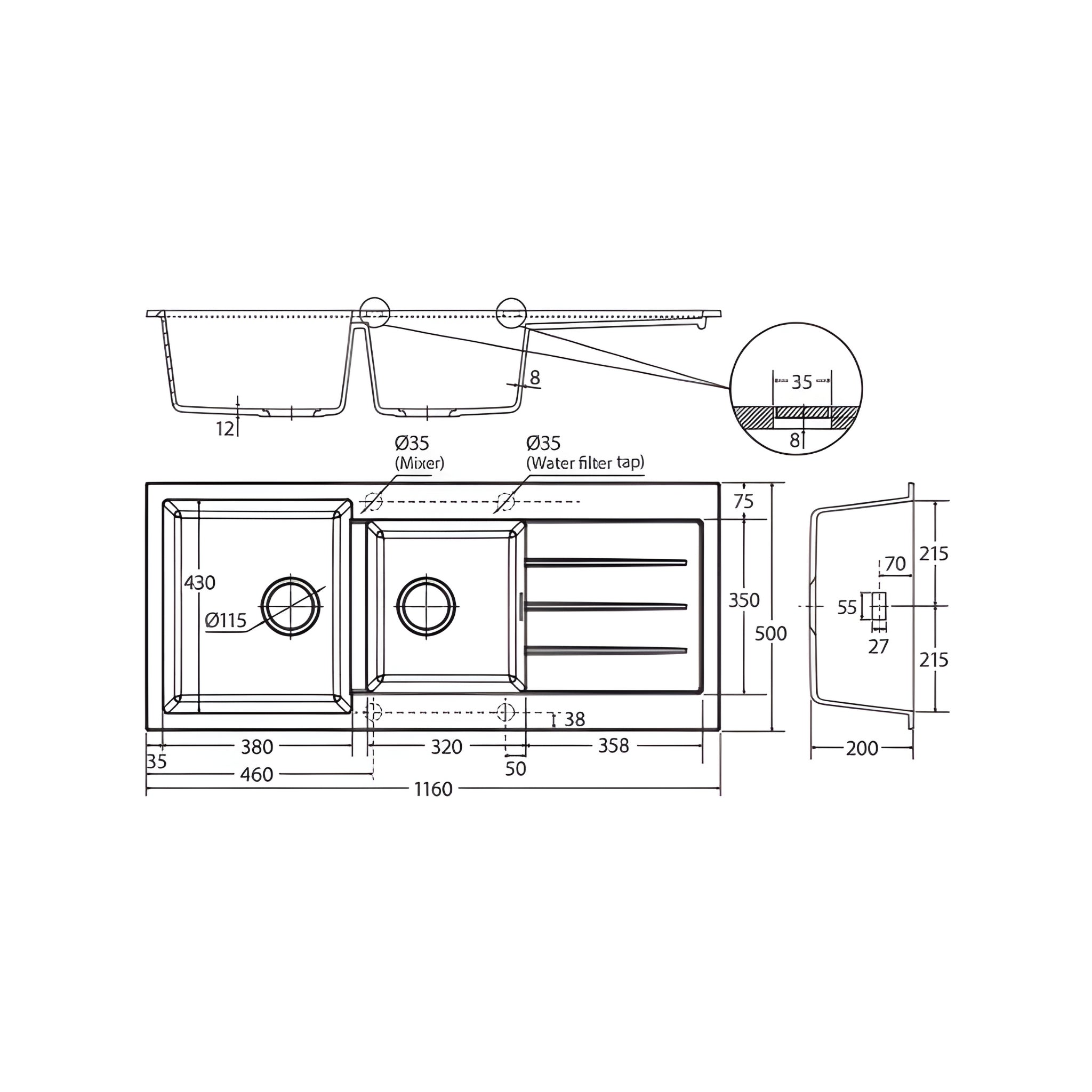 FIENZA KURO GRANITE DOUBLE BOWL KITCHEN SINK WITH DRAINER TWO TAP HOLE 1160MM