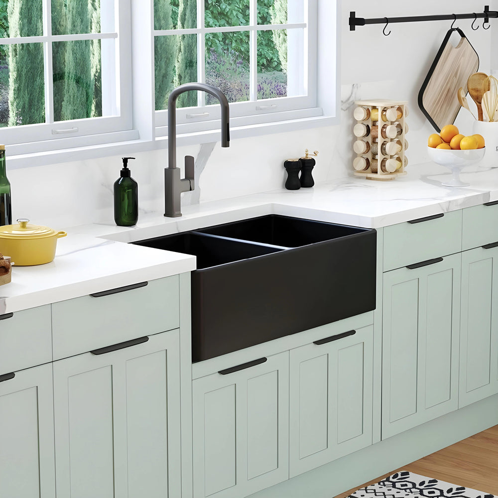 FIENZA BENSON DOUBLE BOWL BUTLER SINK MATTE BLACK 830MM