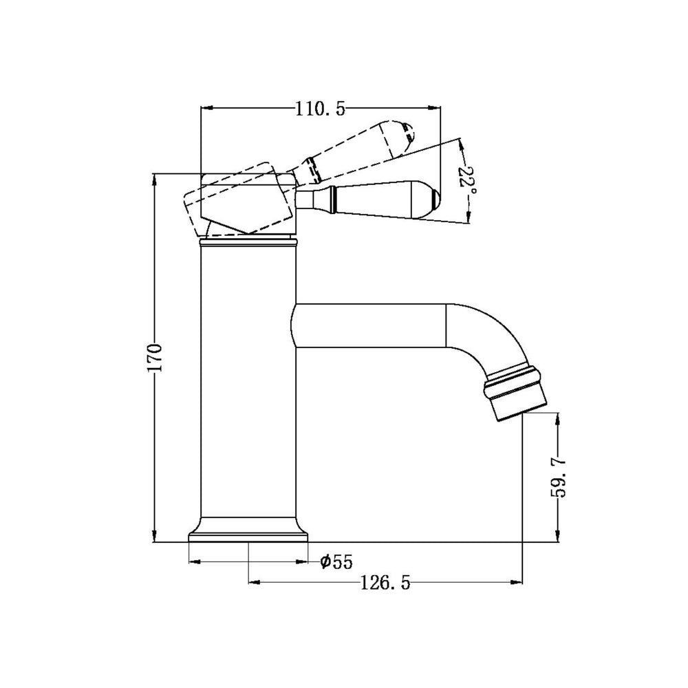 NERO YORK STRAIGHT BASIN MIXER WITH WHITE PORCELAIN LEVER 170MM AGED BRASS