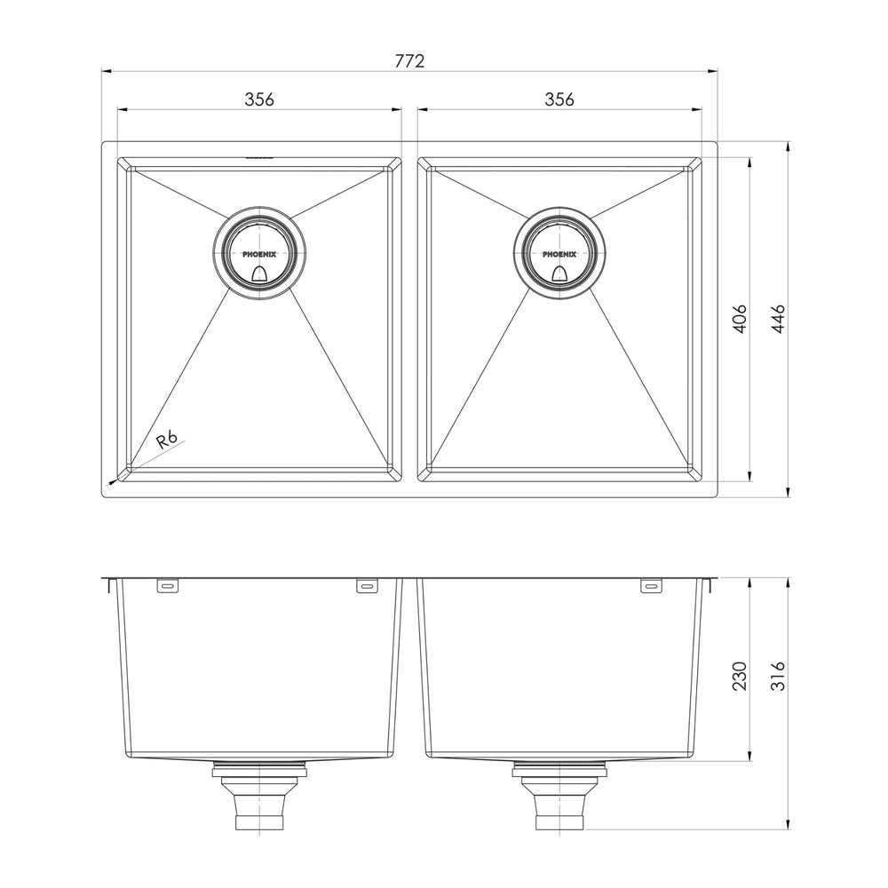 PHOENIX 4000 SERIES DOUBLE BOWL SINK 772MM BRUSHED CARBON